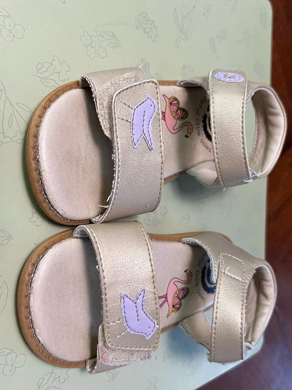 Livie & Luca Metallic Cream Sandals with Lilac Bird Detail